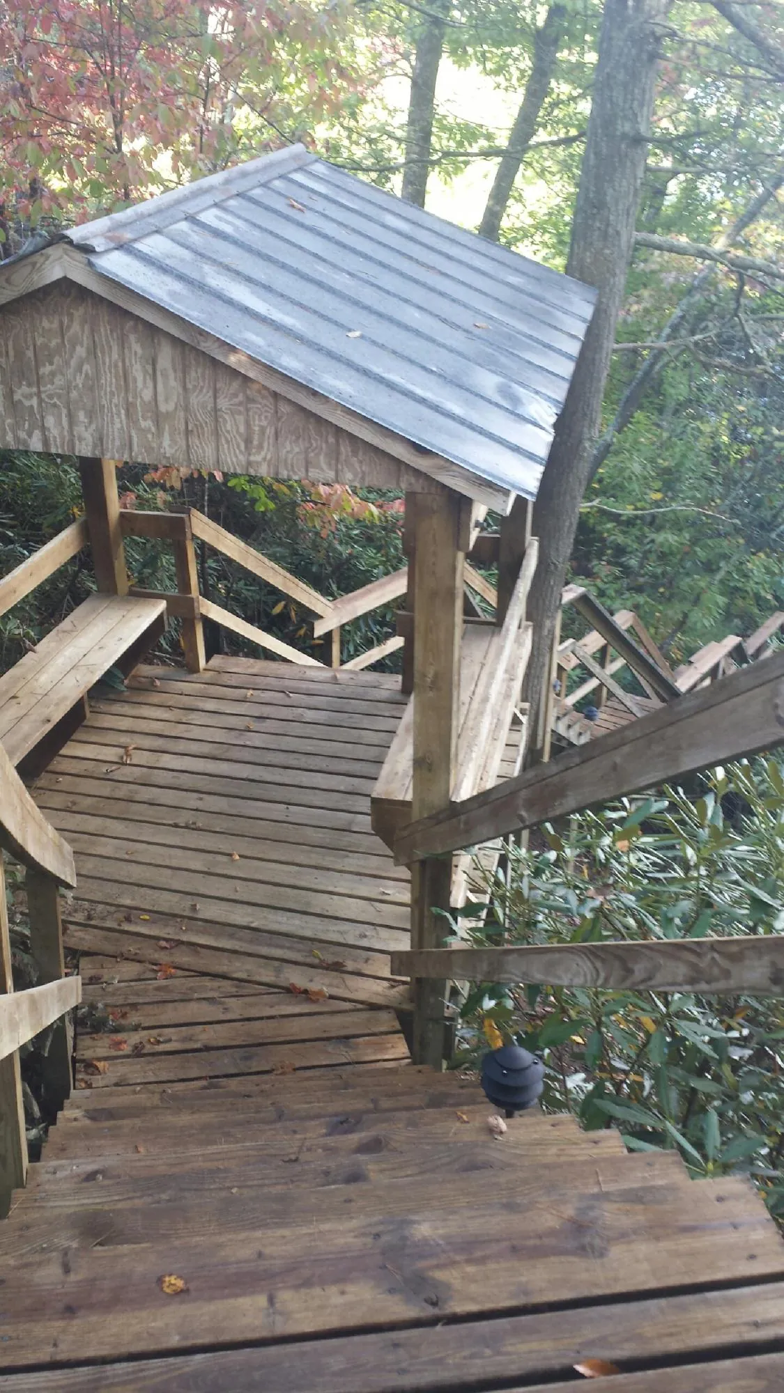 Metal roofed shelter over wooden steps on a wooded walkway — Skylight Repair & Installation work by our crew in Davisburg